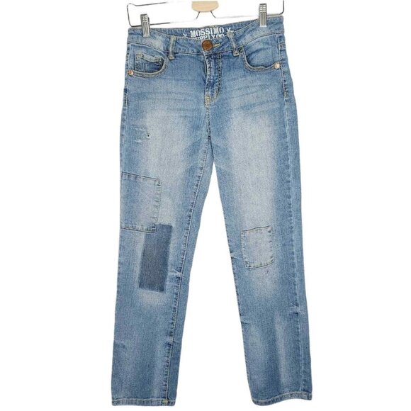 Mossimo Jeans Size 3 Juniors Blue Patched Denim Low Rise Skinny Cotton Blend - Picture 1 of 10